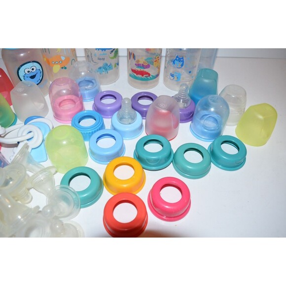 Vtg Plastic Baby Doll Bottle huge Lot Owl dinosaur cookie monster rings covers - Picture 2 of 9